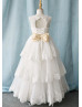 Beaded Ivory Lace Tulle Back Tiered Skirt Timeless Flower Girl Dress